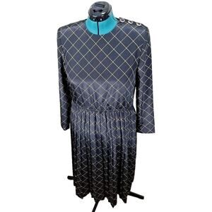 Vintage 80s Black Yellow Long Sleeve Windowpane Pleated Dress Size 10P Goth